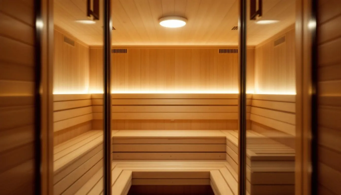 The image depicts a well-designed sauna room showcasing effective sauna ventilation, with a clear view of the upper and lower vents facilitating proper air flow. Fresh air supply enters through the intake vent, while stale air is expelled via the exhaust duct, ensuring a comfortable sauna experience with good air circulation and optimal air quality.