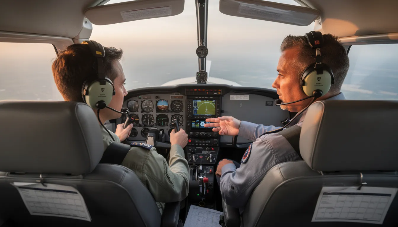 The image shows a flight instructor and a student pilot seated in the cockpit of a small aircraft, engaged in training. They are focused on maintaining control during practice maneuvers, with the instructor likely guiding the student on topics such as landing gear operation and achieving a safe altitude for a normal landing.