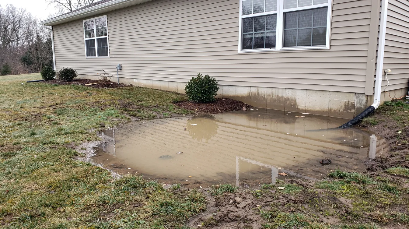 The image shows water pooling in a residential yard near the foundation of a house, indicating potential sewer line issues. This could suggest a broken sewer pipe or damaged sewer line, which may require professional inspection and repair methods to prevent further structural damage.