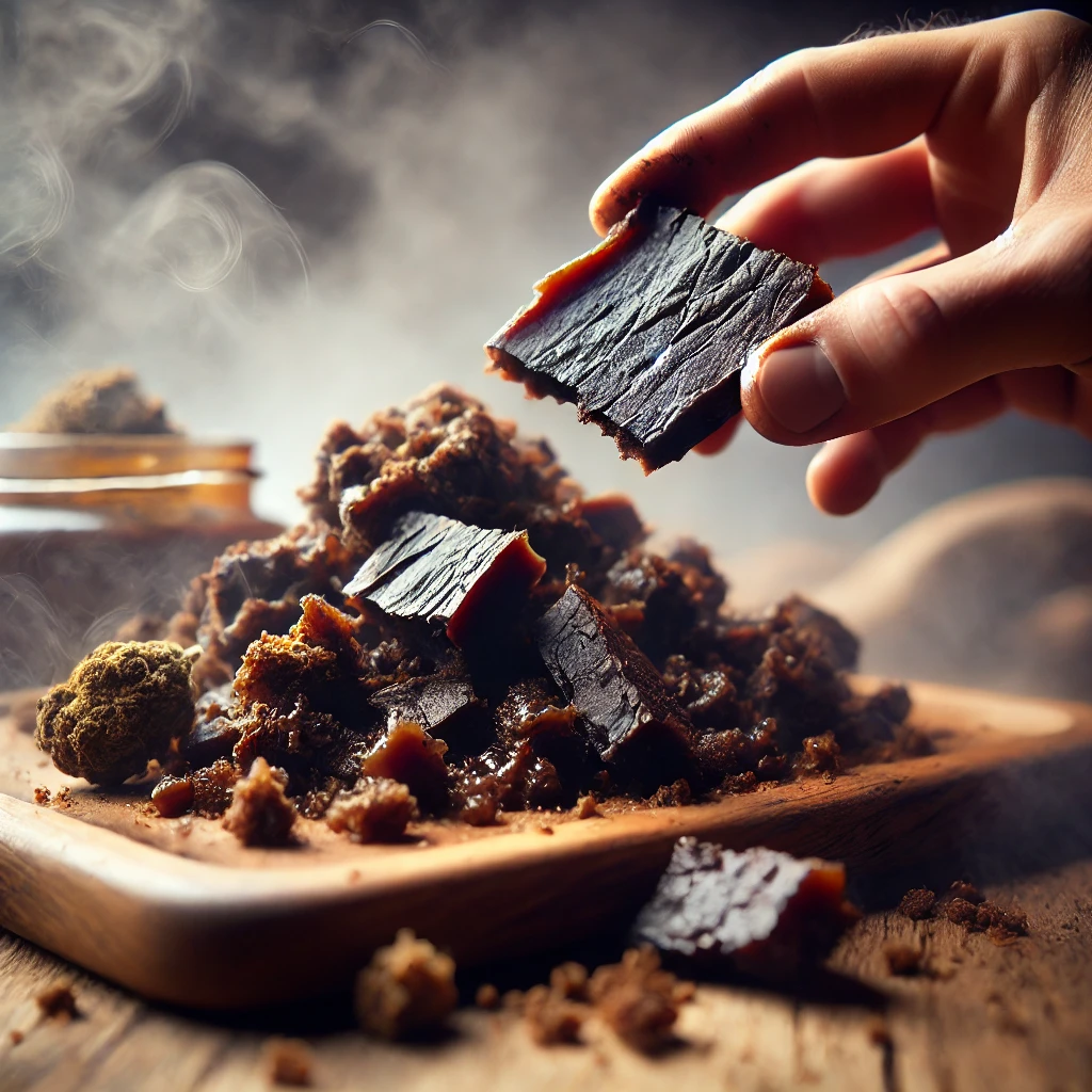 A close-up shot of high-quality Afghani hash, dark and resinous, being broken apart on a wooden tray with a soft, smoky background.