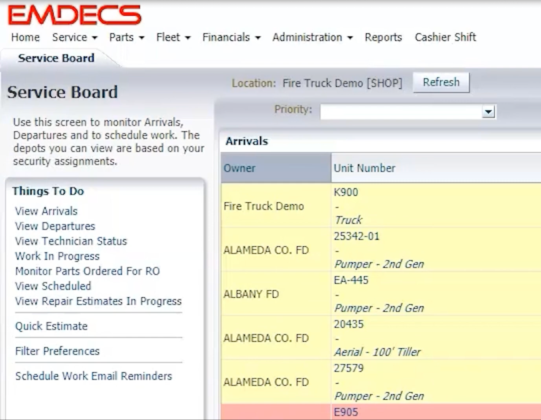EMDECS service board is reminiscent of an airport arrivals/departure board. You can see your qualified technicians status, vehicles arrived and departed as well as work in progress.