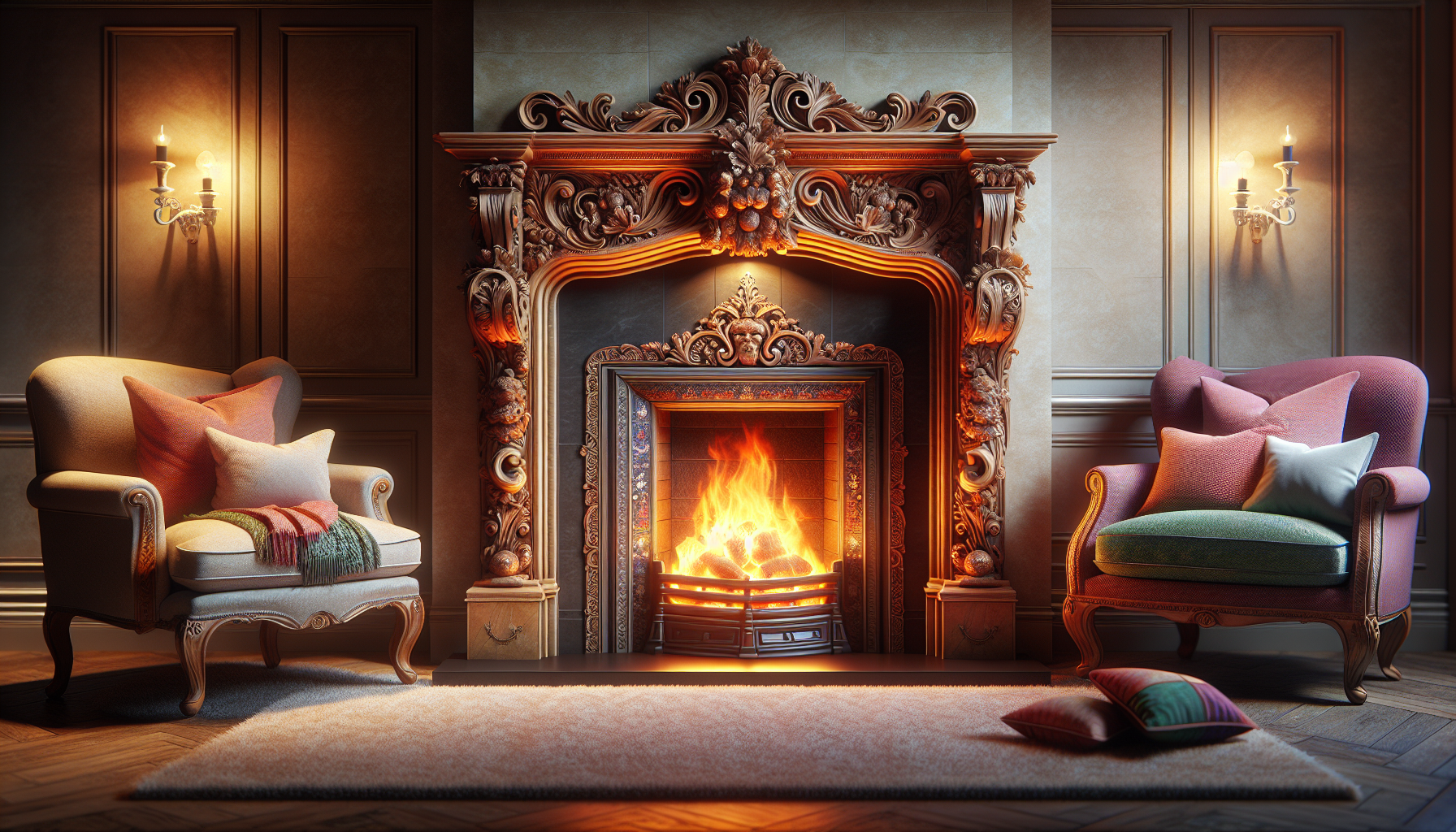 A decorative fire surround enhancing a fireplace's appeal.