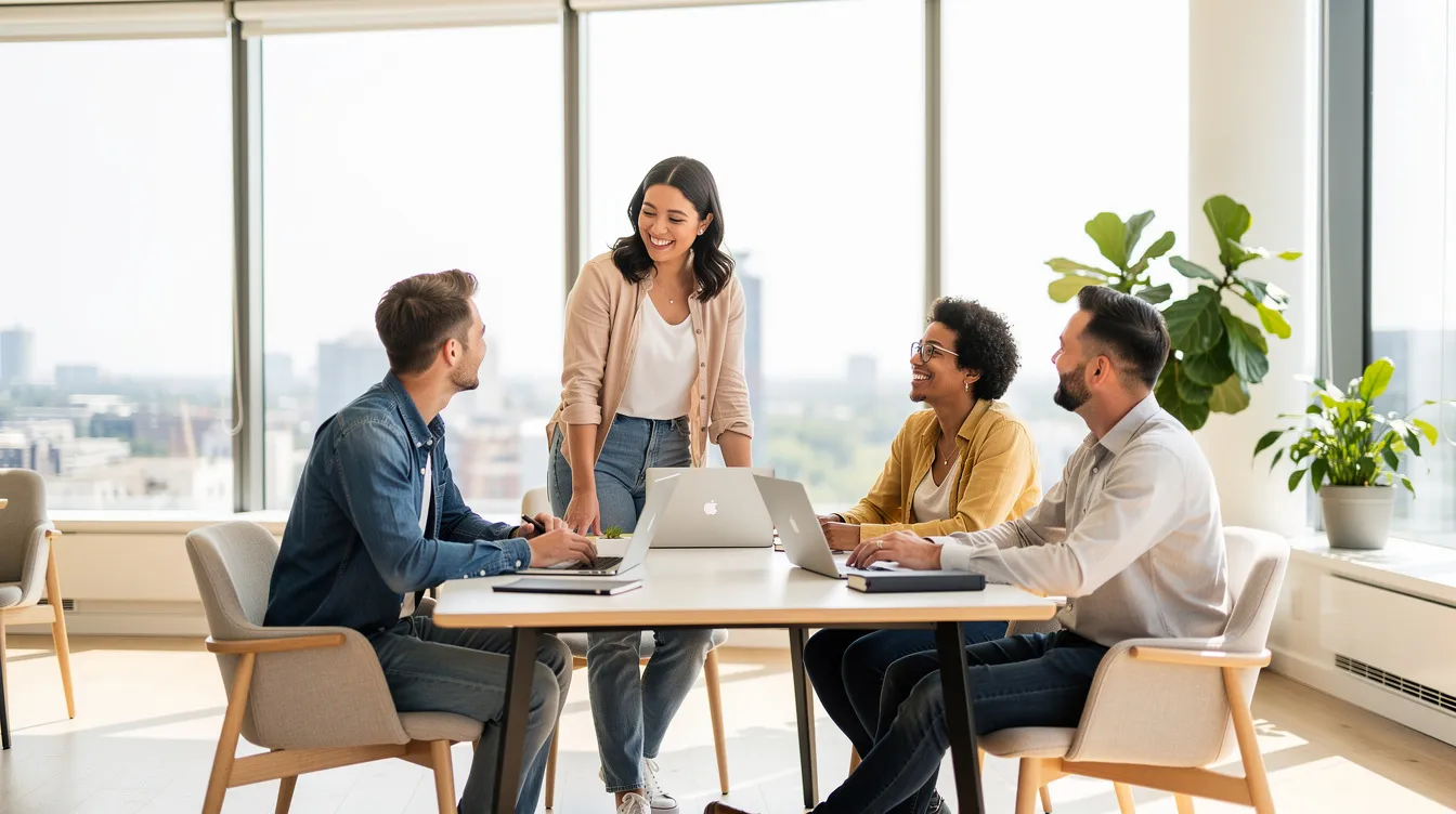 Une équipe souriante échange dans un espace de travail moderne et lumineux, symbolisant l'intelligence collective et la collaboration au sein de l'entreprise. Cet environnement favorise le bien-être et l'innovation, permettant à chaque membre de partager ses idées et renforcer la performance du groupe.