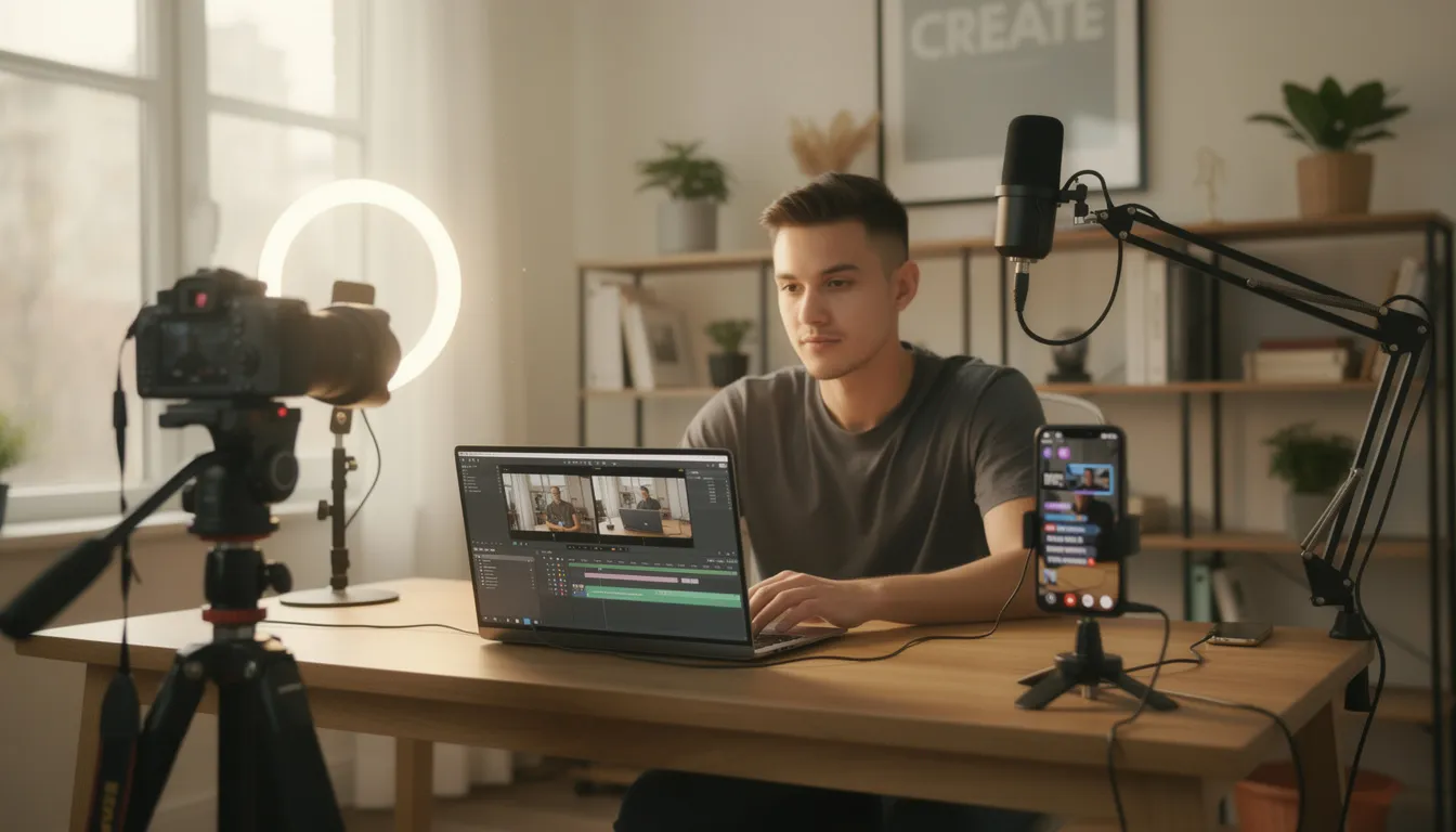 An image depicting the content creation process, showcasing diverse content formats such as blog posts, video content, and social media posts, aimed at engaging a defined target audience. The scene emphasizes collaboration among content marketers as they develop a successful content marketing strategy to enhance brand visibility and drive audience engagement.