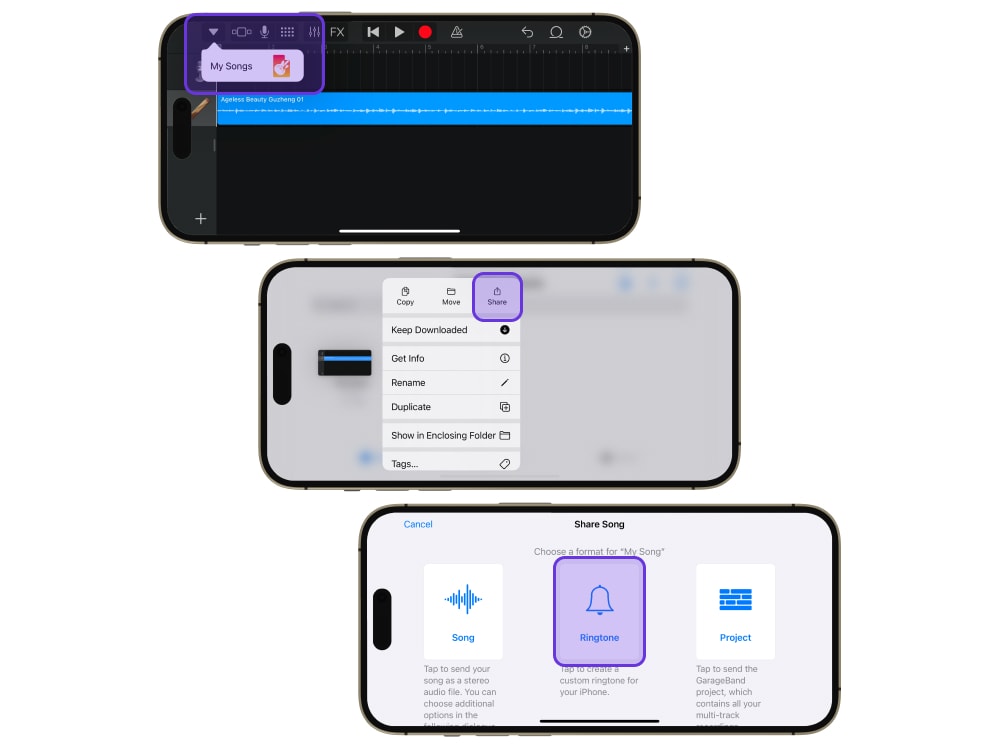 Tap and Hold Your Project > choose Share > Ringtone > name it > Export.