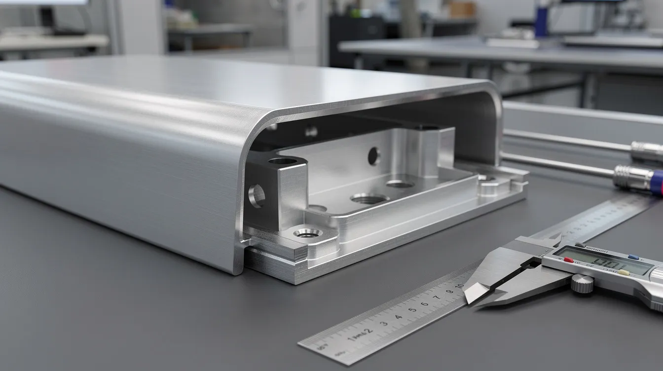 The image features a precision metal enclosure with curved rolled panels and CNC-machined mounting features, displayed on a factory inspection table, showcasing the meticulous work involved in the steel plate rolling process and the manufacturing of sheet metal components.