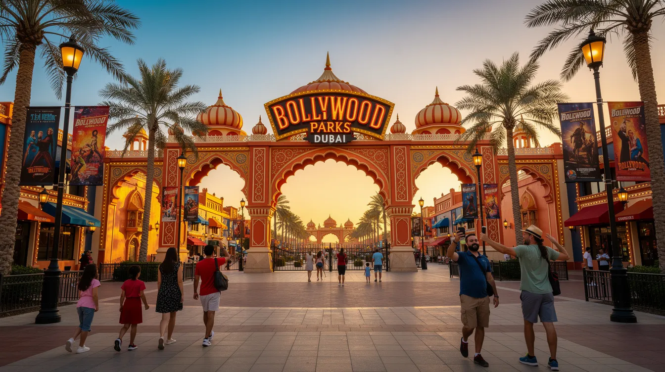 A imagem mostra uma vista vibrante do Bollywood Park em Dubai, um parque temático que celebra a cultura e a música de Bollywood, com atrações coloridas e representações de filmes indianos. Ao fundo, é possível ver elementos arquitetônicos que refletem a rica tradição dos Emirados Árabes Unidos, criando um ambiente encantador e animado.