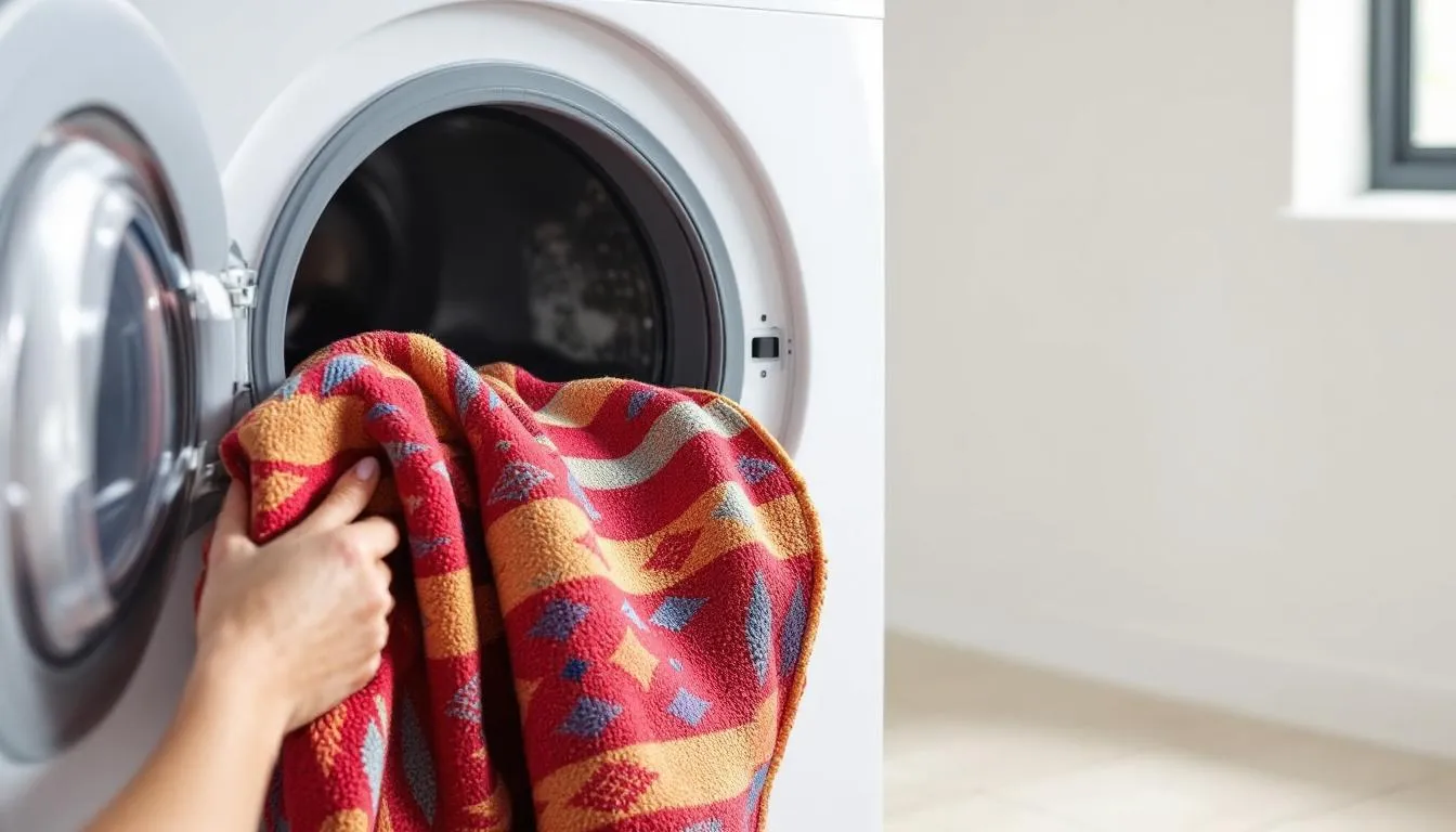 A washing machine is shown with a colorful cotton rug being loaded inside, ready for a wash. This machine washable rug, ideal for cleaning dirt and stains, is a great choice for high traffic areas in the home.