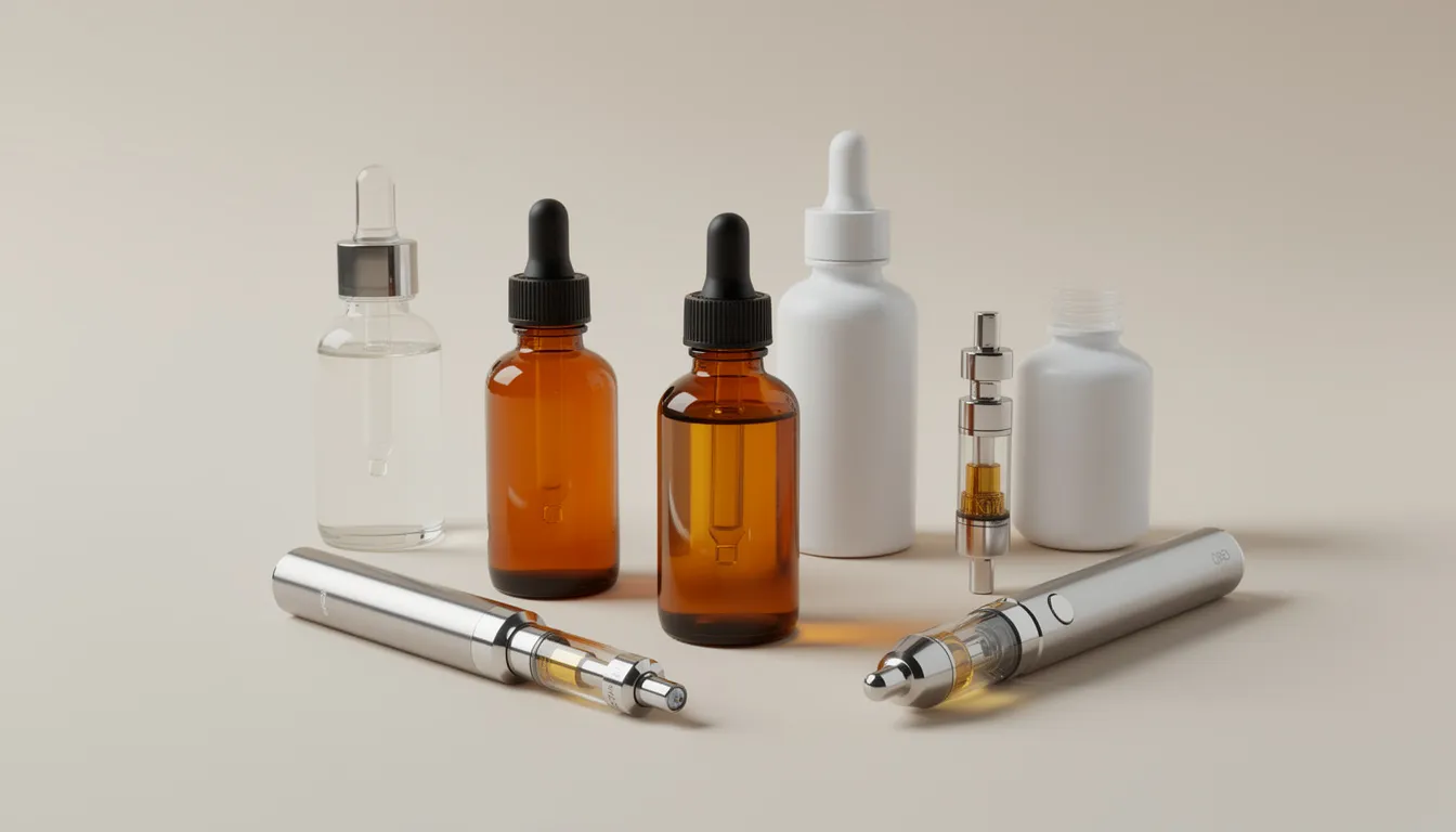 Das Bild zeigt verschiedene Cannabinoid-Produkte wie Öle und Vapes auf einem neutralen Hintergrund, die für Cannabis-Enthusiasten von Interesse sind. Diese Produkte repräsentieren eine Auswahl an Verbindungen, die unterschiedliche Wirkungen auf das endocannabinoide System haben können, einschließlich HHC und THCP.