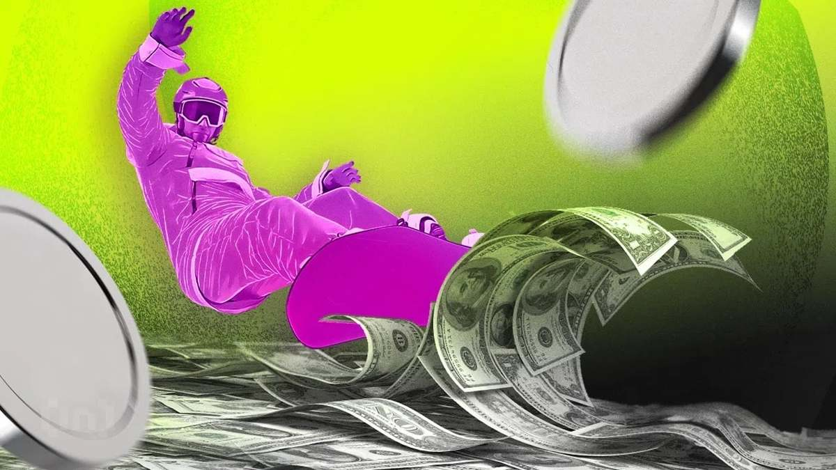 Illustration of a snow boarder, boarding on a wave of money