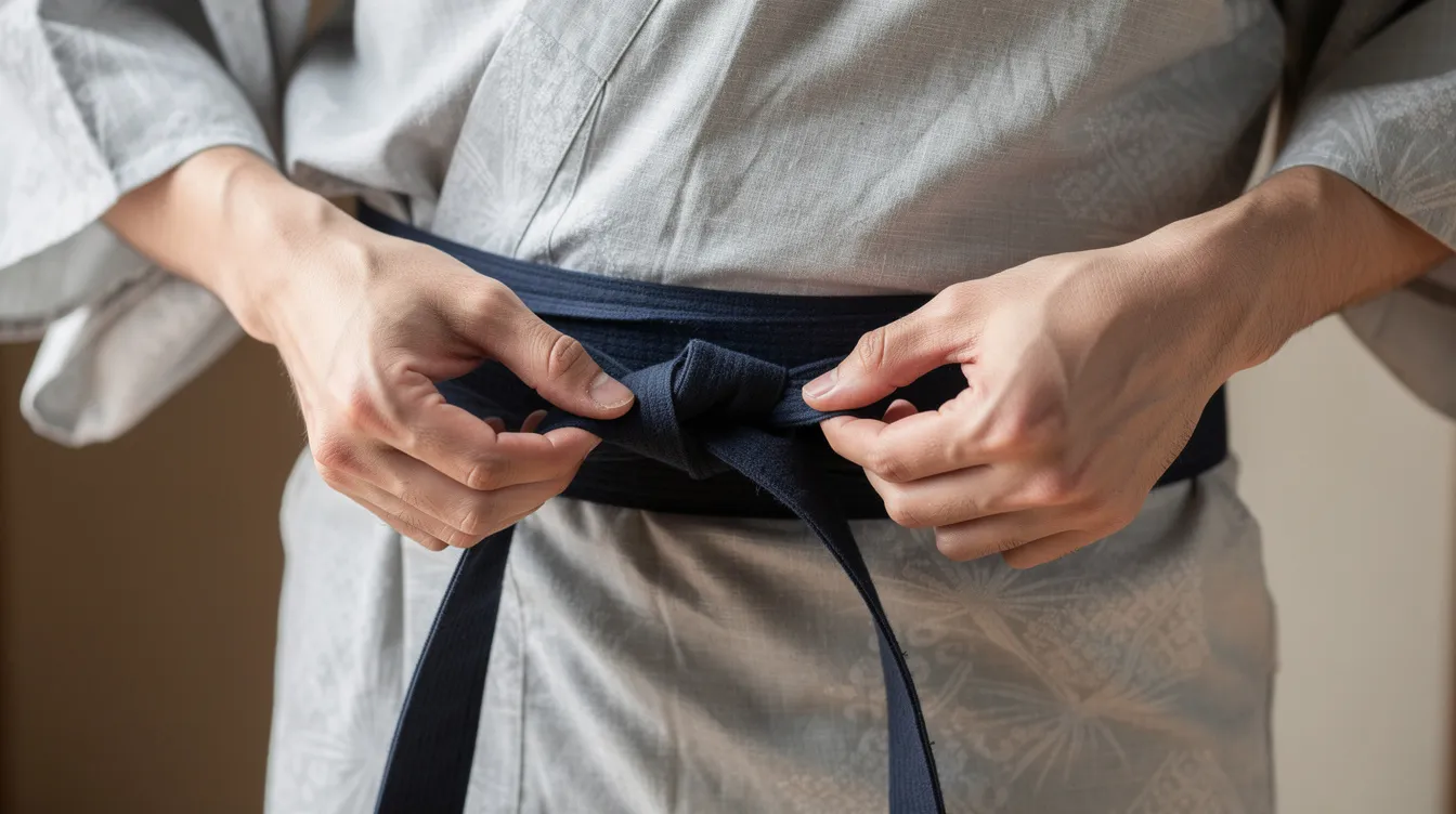 A close-up view of a man's hands skillfully tying a dark navy obi belt around the waist of a lightweight cotton yukata, showcasing the traditional Japanese attire often worn during summer festivals. The hands are positioned at hip level, emphasizing the careful dressing technique used to secure the robe.