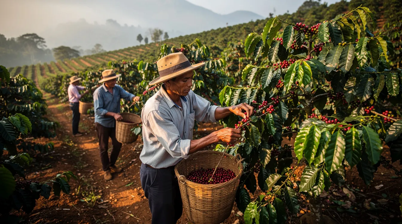 Trabajadores recolectan cerezas de café maduras utilizando canastos tradicionales, rodeados de hileras de cafetos en un paisaje montañoso. La escena refleja el proceso de cosecha del café, destacando la especialidad y el cuidado en el cultivo de este producto.