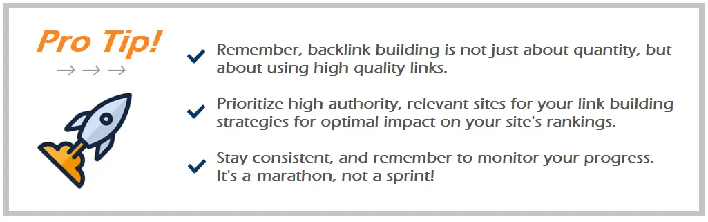 pro tip with rocket ship icon - link building is about quality not quantity