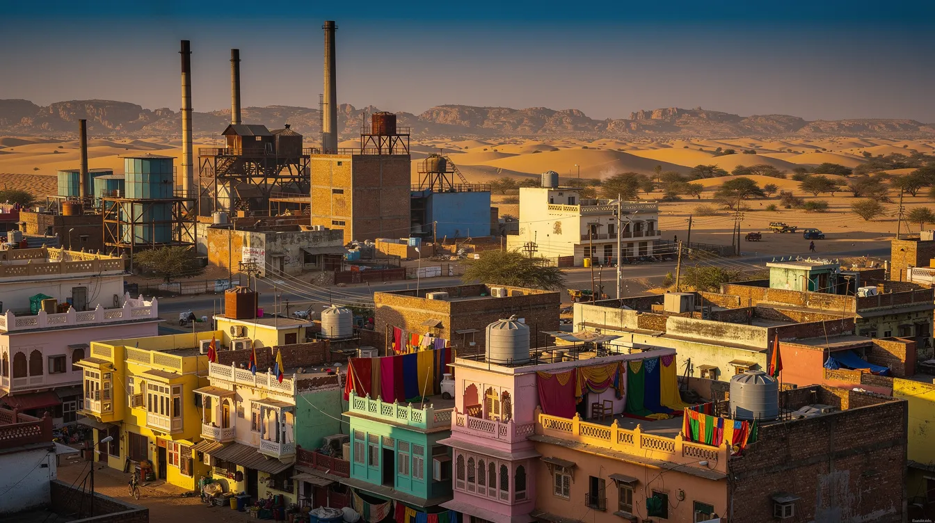 The image showcases a vibrant cityscape in Rajasthan, featuring a mix of industrial buildings set against a backdrop of the arid desert landscape. This scene reflects the region's economic development and potential for various business ideas, such as the textile business sector and tourism sector, highlighting Rajasthan's rich cultural heritage and entrepreneurial opportunities.
