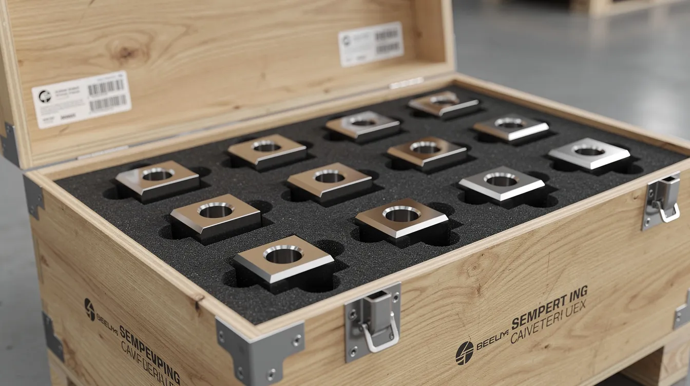 The image depicts neatly packaged precision machined metal parts, securely arranged in anti-static foam within a wooden shipping crate, ready for export. This setup highlights the excellence of the manufacturing operations and capabilities of the company, which is globally recognized for its quality management system in the production of precision metal products for industries such as aerospace and medical.