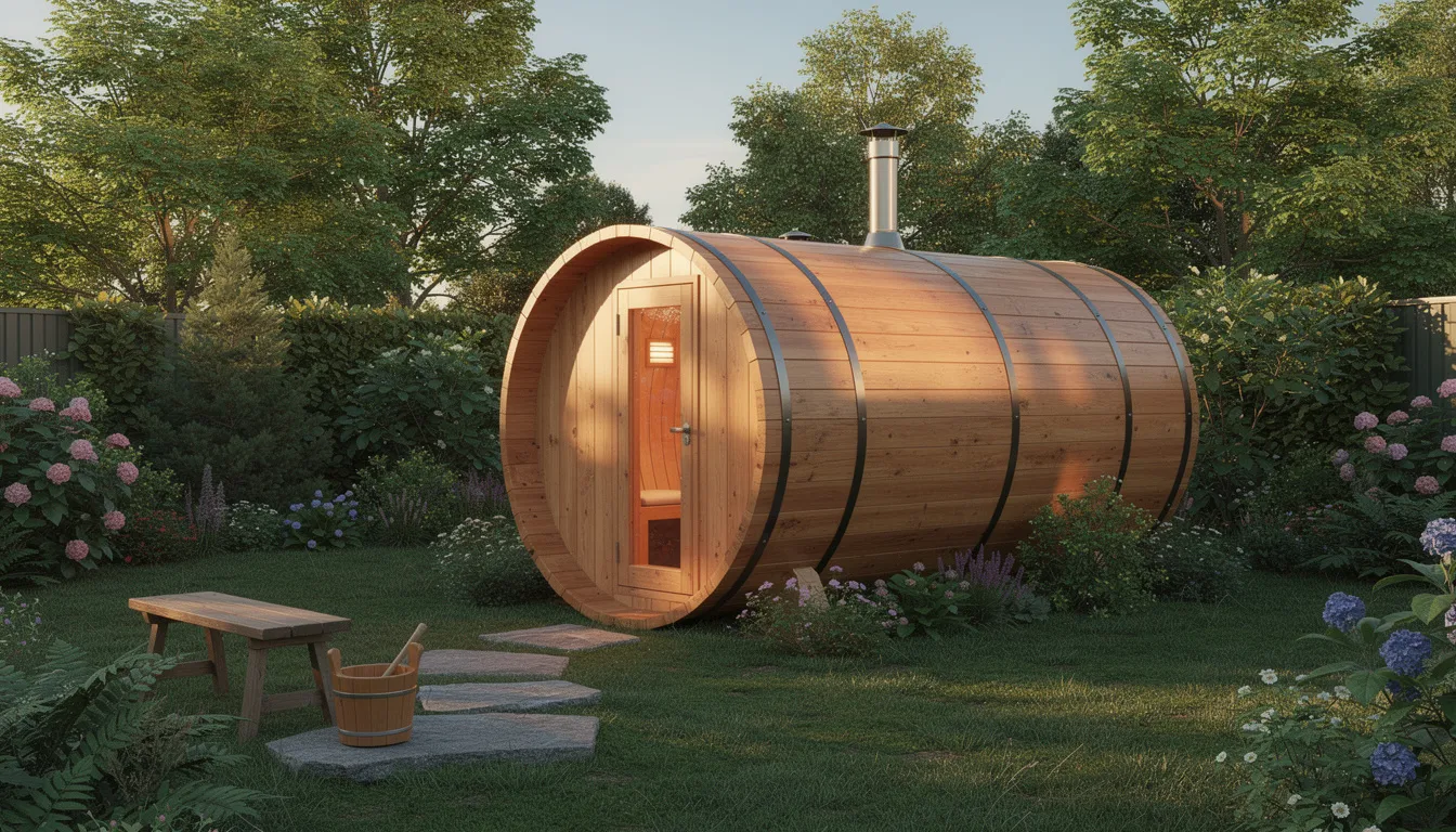 An outdoor wooden barrel sauna is nestled in a backyard garden, surrounded by trees, providing a serene setting for relaxation. The sauna's design emphasizes proper ventilation and air circulation, essential for an enjoyable sauna experience, while ensuring even heat distribution and maintaining air quality.