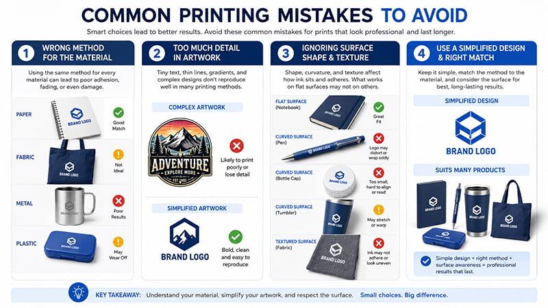 Common printing method mistakes including wrong material match too much artwork detail and ignoring surface shape