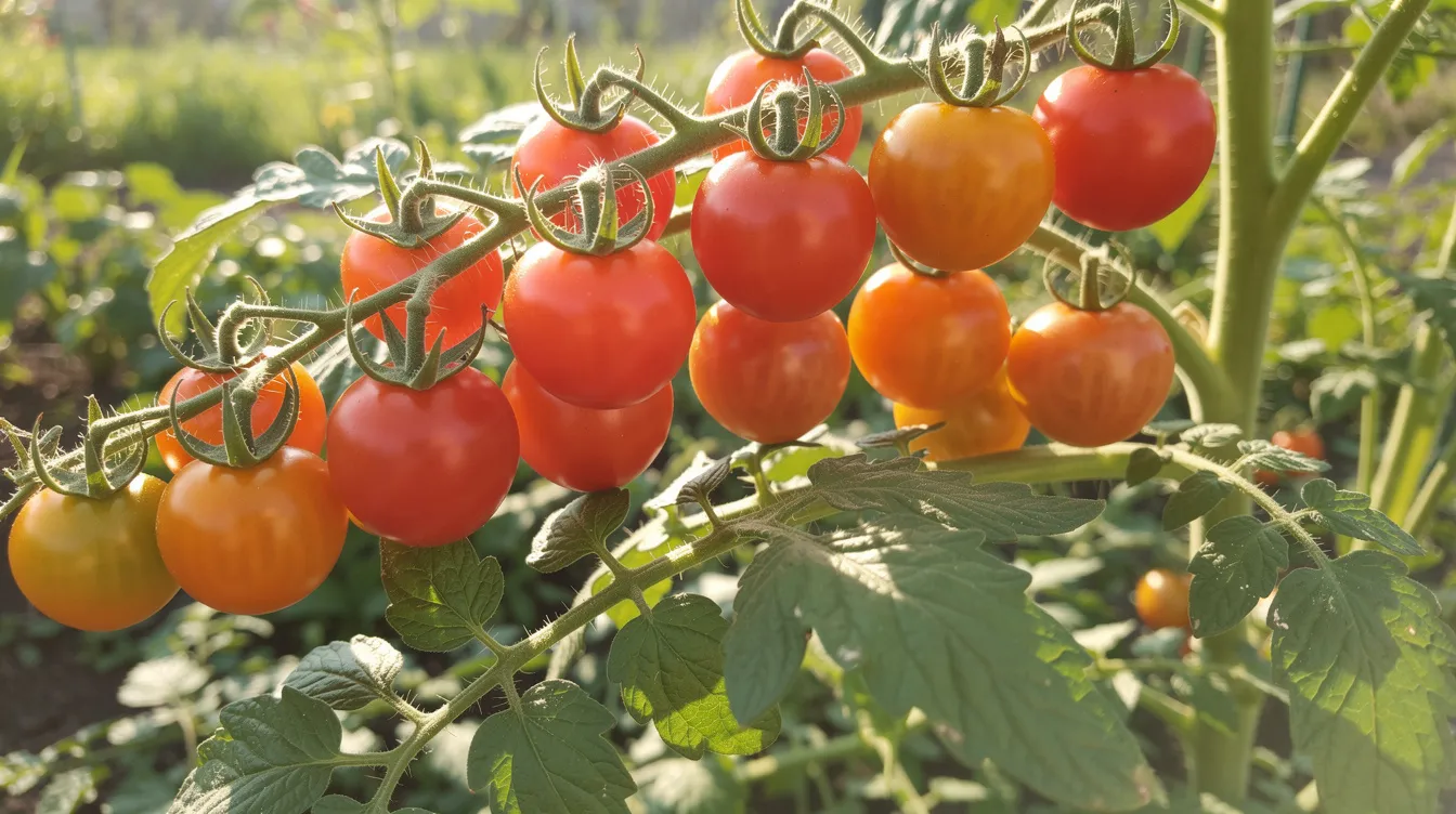 The image features clusters of ripe red and orange cherry tomatoes growing abundantly on healthy green vines, basking in bright sunlight. This vibrant scene highlights the beauty of fast maturing vegetables, perfect for those looking to grow their own food in a short season. The image features clusters of ripe red and orange cherry tomatoes growing abundantly on healthy green vines, basking in bright sunlight. This vibrant scene highlights the beauty of fast maturing vegetables, perfect for those looking to grow their own food in a short season.
