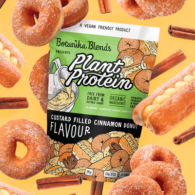 vegan protein powder, custard filled cinnamon donut