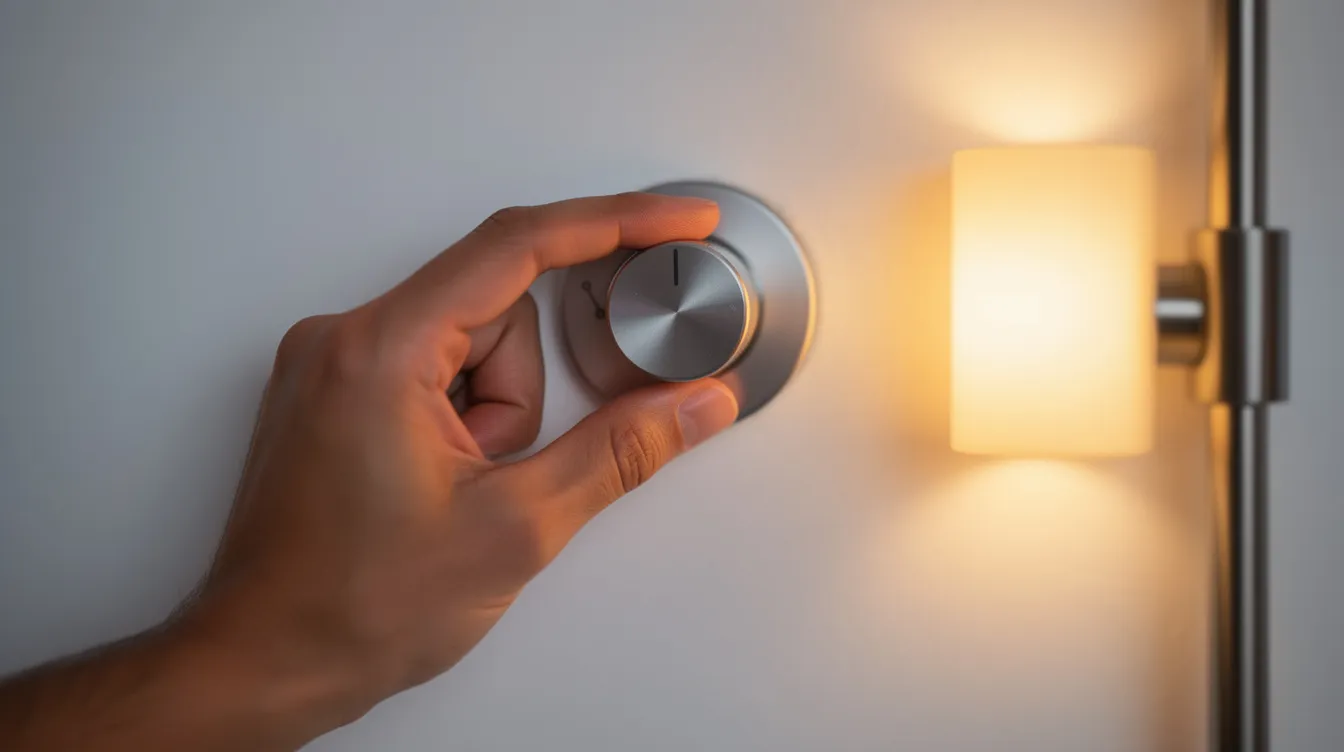 En närbild visar en hand som vrider på en dimmer, placerad bredvid en vägglampa som avger ett varmt ljus. Belysningen skapar en mysig atmosfär i rummet, vilket framhäver designen av lampan.
