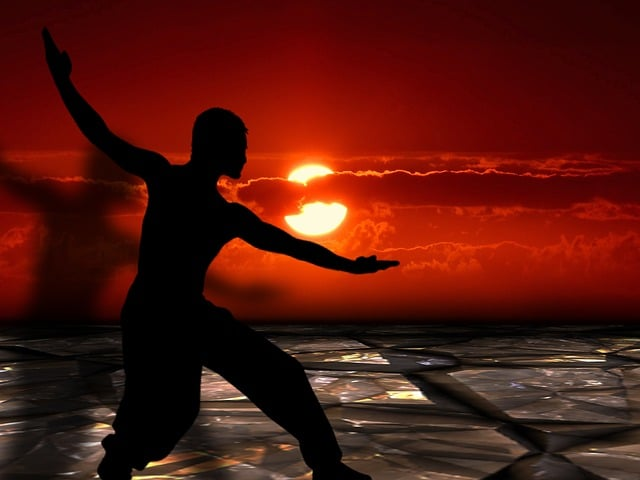 Image by kahll from Pixabay. Silouhette of a man practicing tai chi in front of red sky and setting sun 