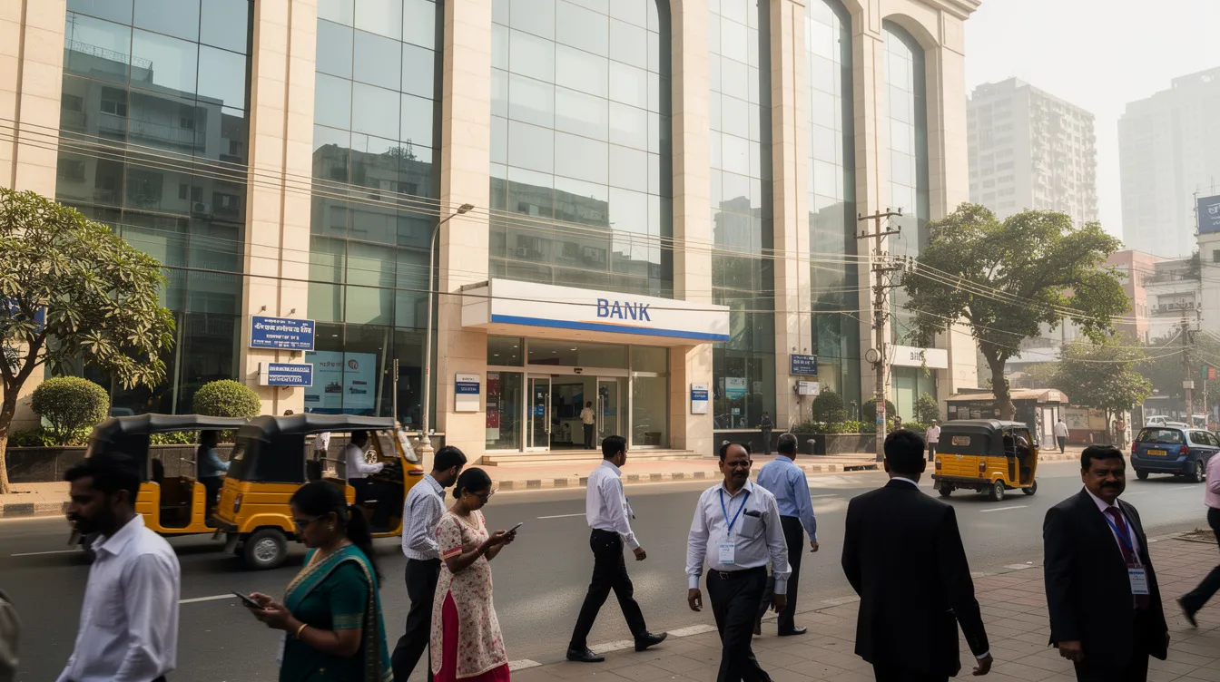 The image shows the exterior of a large bank building, likely Punjab and Sind Bank, situated in a bustling Indian city, with people walking past on a busy street. The bank's prominent architecture and signage indicate its importance as a hub for financial services, including international money transfers and support for Indian bank accounts.