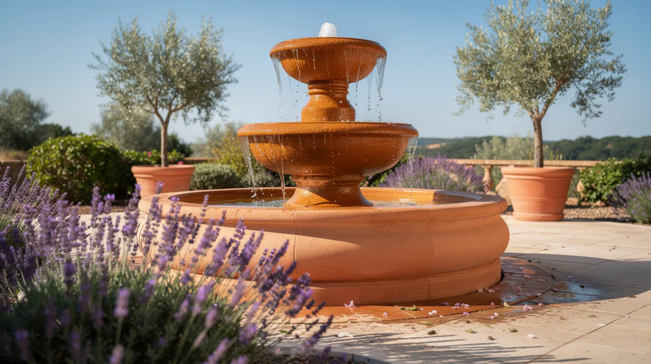 Ein mediterraner Kaskadenbrunnen aus Terrakotta sprudelt sanft in einem sonnigen Garten, umgeben von duftendem Lavendel und kleinen Olivenbäumchen. Dieser solarbetriebene Gartenbrunnen bietet eine entspannende Atmosphäre und dient als schöner Blickfang in der Gartendekoration.