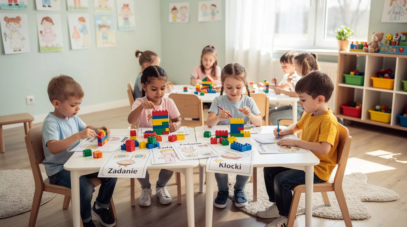Na zdjęciu widać dzieci pracujące w małych grupach przy niskich stolikach w jasnej sali lekcyjnej. Używają kolorowych klock&oacute;w i kart pracy, co sprzyja rozwijaniu umiejętności takich jak obliczanie obwodu figur geometrycznych oraz logiczne myślenie.