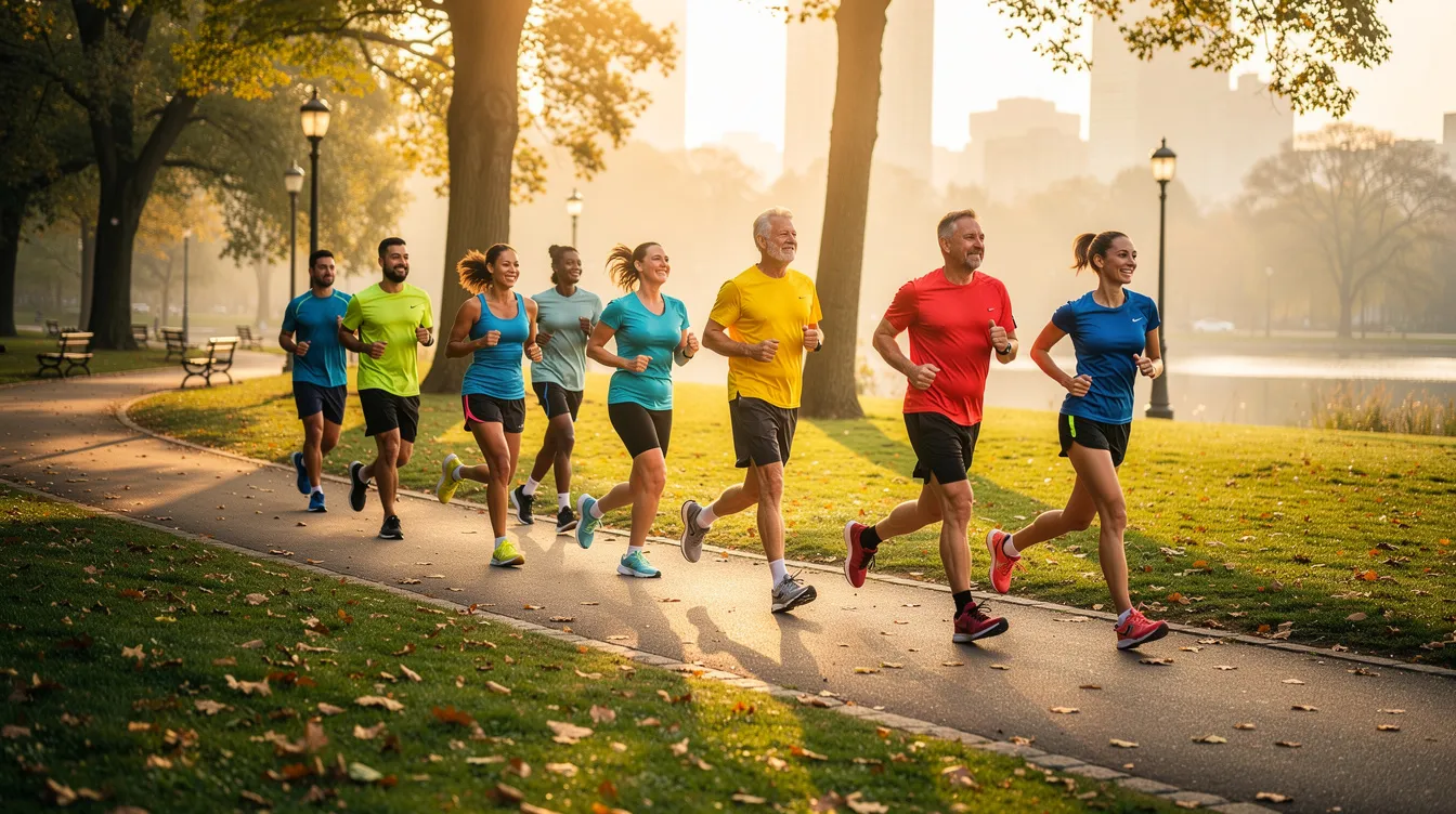 The image depicts active adults jogging in a vibrant park, showcasing a commitment to healthy aging and overall health benefits. This scene emphasizes the importance of physical activity for maintaining energy levels and supporting metabolic health as part of a healthy lifestyle.