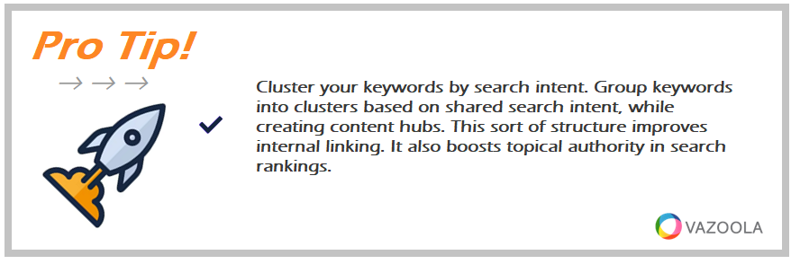 Cluster your keywords by search intent. Group keywords into clusters based on shared search intent, while creating content hubs. This sort of structure improves internal linking. It also boosts topical authority in search rankings.