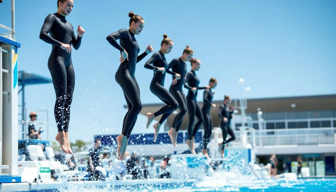 In der Abbildung sind eine Gruppe von Splashdiving-Springern zu sehen, die am Sprungturm trainieren und verschiedene Techniken und Sprünge üben. Die Athleten, bestehend aus Jugendlichen und Kindern, zeigen ihre Fähigkeiten in der Sportart und bereiten sich auf bevorstehende Wettkämpfe und Veranstaltungen vor.