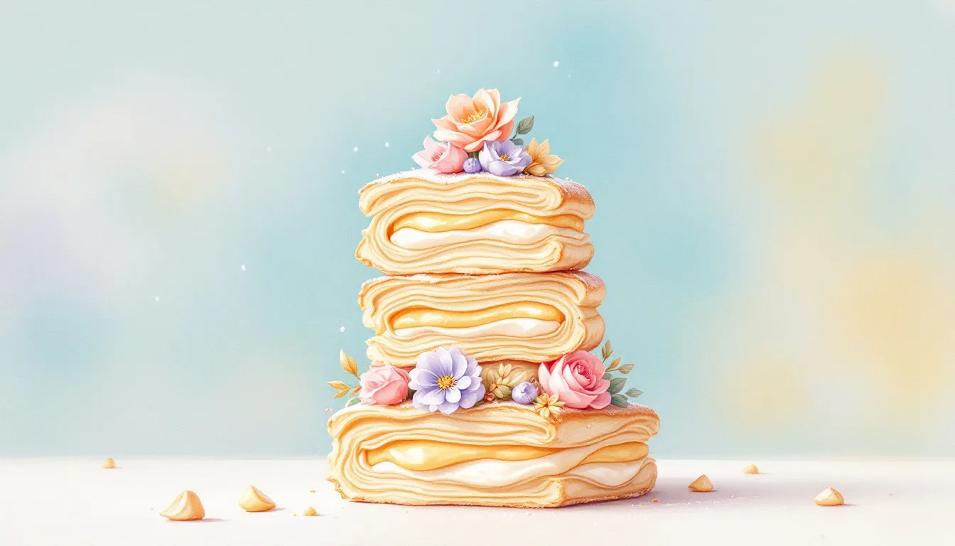 A beautifully layered mille feuille, featuring delicate pastry layers and creamy filling, representing classic french desserts.