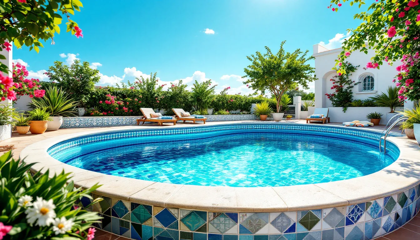 A variety of swimming pool tiles displayed in different colors and designs.