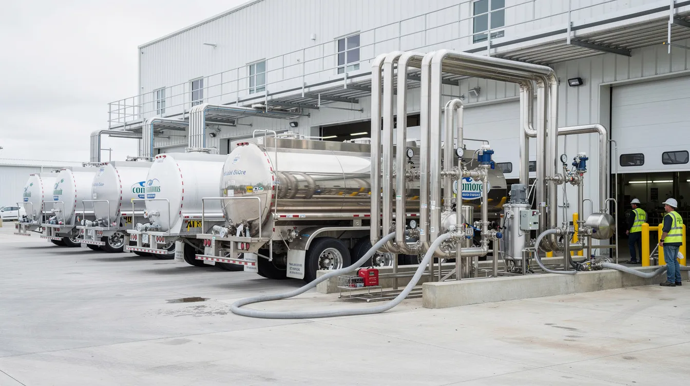A row of milk tanker trucks is parked at the reception area of a dairy processing plant, ready to unload fresh raw milk into stainless steel equipment designed for efficient processing. This setup highlights the infrastructure requirements essential for dairy entrepreneurs in the dairy industry.