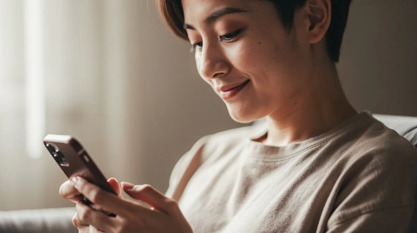 A person is sitting quietly, looking thoughtfully at their phone with a peaceful expression, suggesting a moment of reflection in their own life. This scene conveys a positive sign of healthy communication and genuine interest, highlighting the importance of alone time in nurturing relationships.