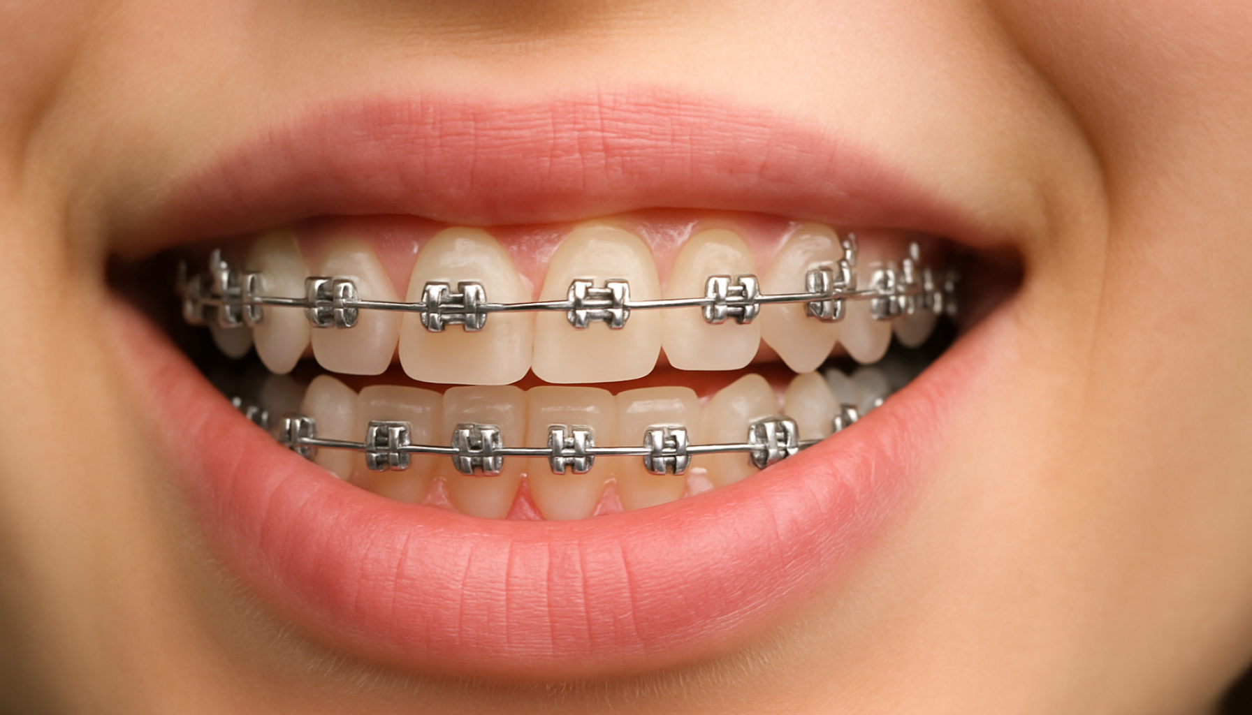 Nærbilde av smilende munn med metallregulering på både over- og underkjeven.
