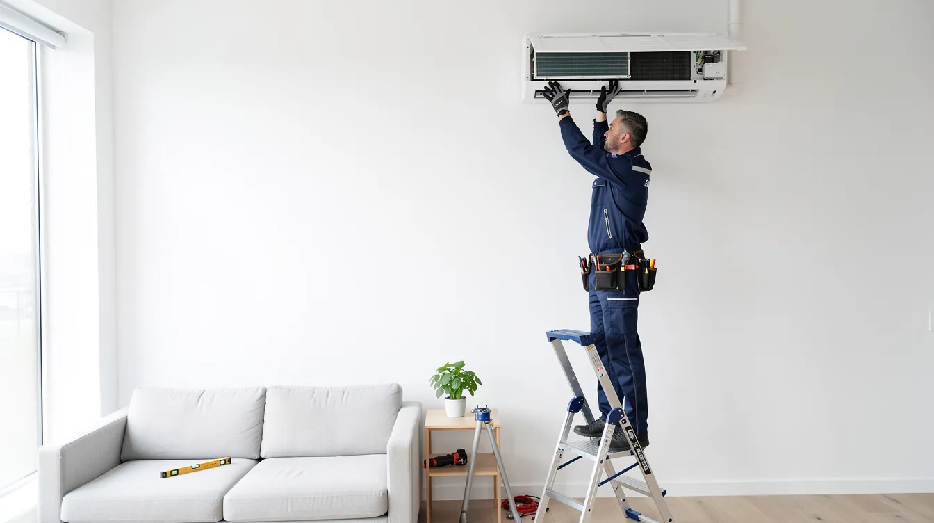 A professional technician in neat workwear is installing a white wall-mounted split air conditioner unit in a bright and modern residential room with clean walls. This air conditioning unit is part of a range of new products available at the best prices, ideal for both cooling and heating.