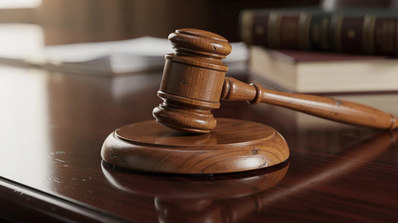 The image shows a wooden judge's gavel resting on a polished desk, symbolizing authority and the legal system. This representation may evoke thoughts about state law and federal law regarding various topics, including the regulation of controlled substances like cannabis products and delta 8 in South Dakota.