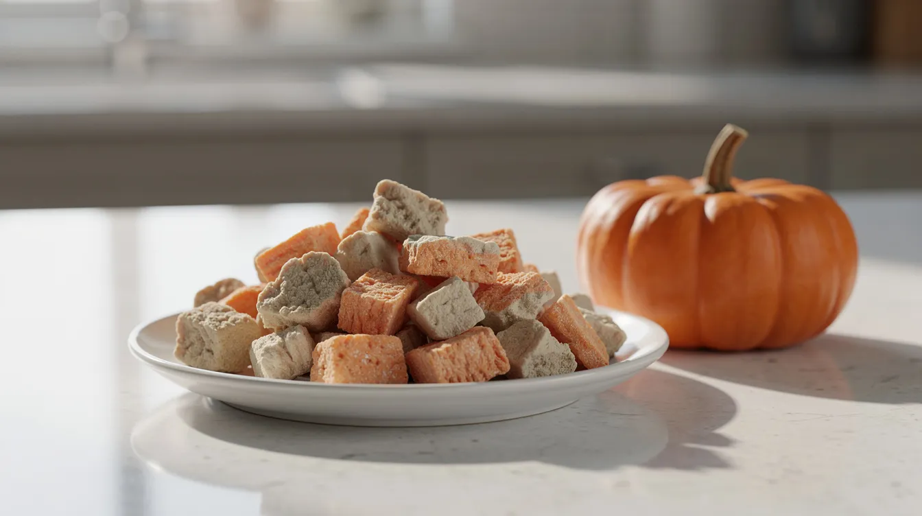 A small plate of crunchy cat treats made from freeze-dried chicken and salmon is placed next to a tiny pumpkin on a kitchen counter, creating a festive Halloween display for your feline friend. These rewarding treats are designed to satisfy your pet's cravings and make treat time special.