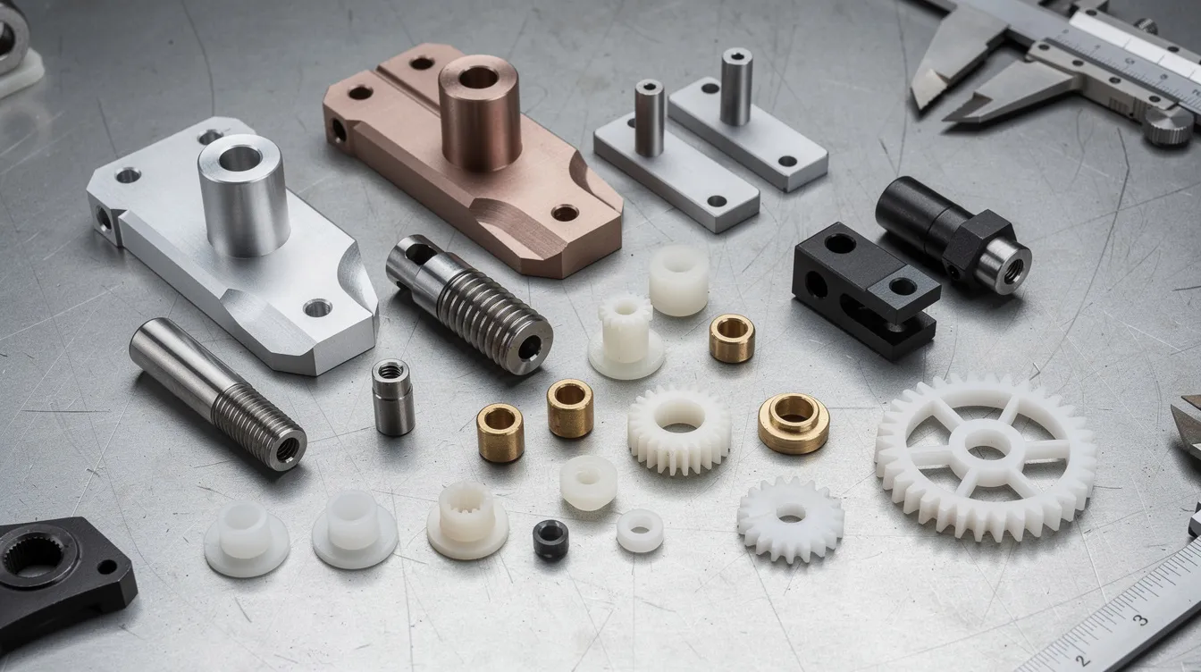 An assortment of CNC machined parts made from various metals and plastics is displayed on a workbench, showcasing the precision and quality of the CNC machining process. The diverse parts highlight complex geometries and materials such as steel alloy and aluminum, reflecting the capabilities of reliable CNC machining services.