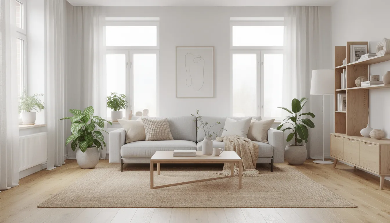 Een lichte Scandinavische woonkamer met natuurlijke houten accenten, waar stijlvolle houten wandpanelen en bijzondere boekenplanken een warme sfeer creëren. De neutrale kleuren en de akoestische wandpanelen verbeteren de akoestiek, waardoor het een uitnodigende plek is om te ontspannen.