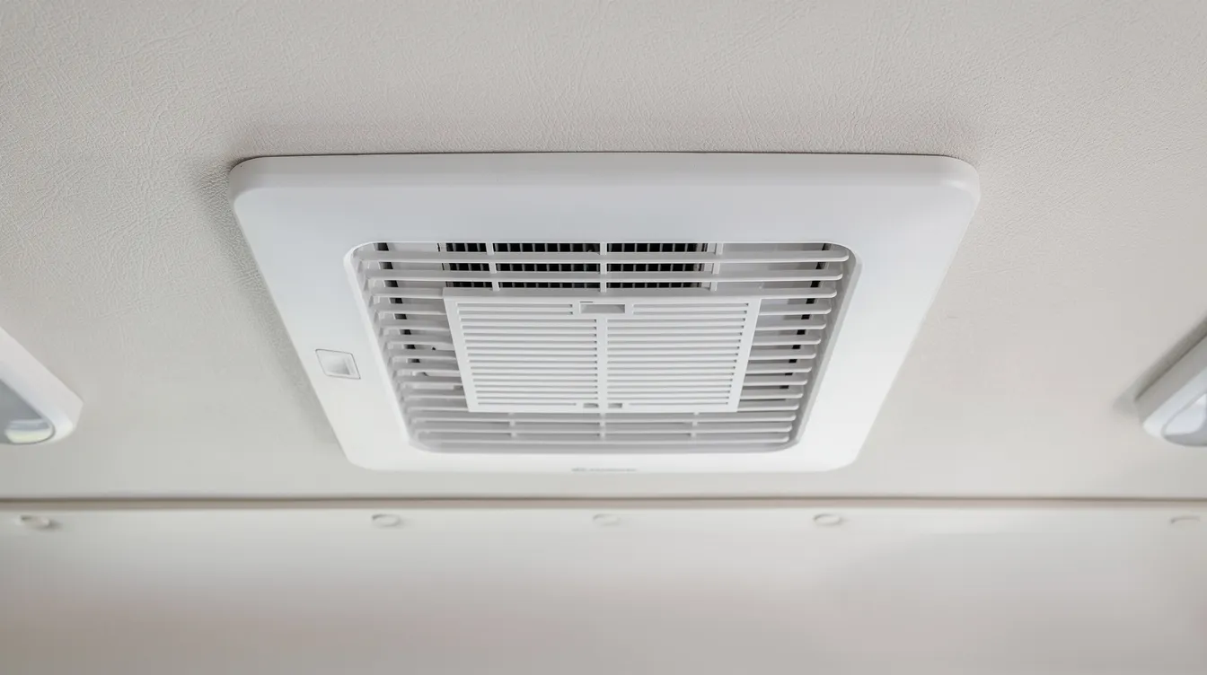 The image shows the interior ceiling of an RV featuring a rectangular air distribution box with adjustable louvers, designed for efficient airflow from the RV air conditioner. This setup allows for multi-zone cooling, ensuring the space remains comfortable with cool air during warmer climates.
