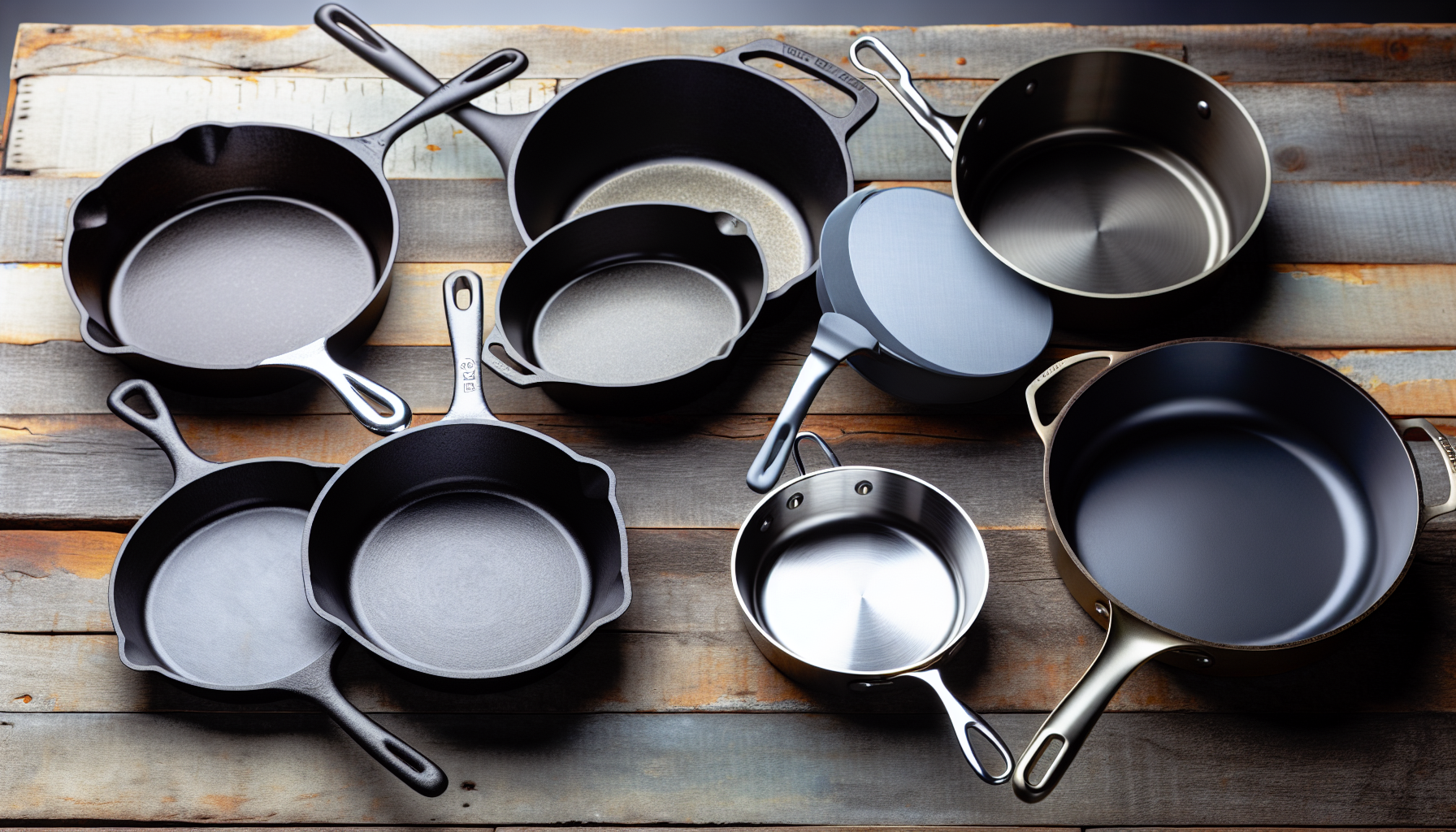 A collection of cast iron, stainless steel, and non-stick skillets arranged together
