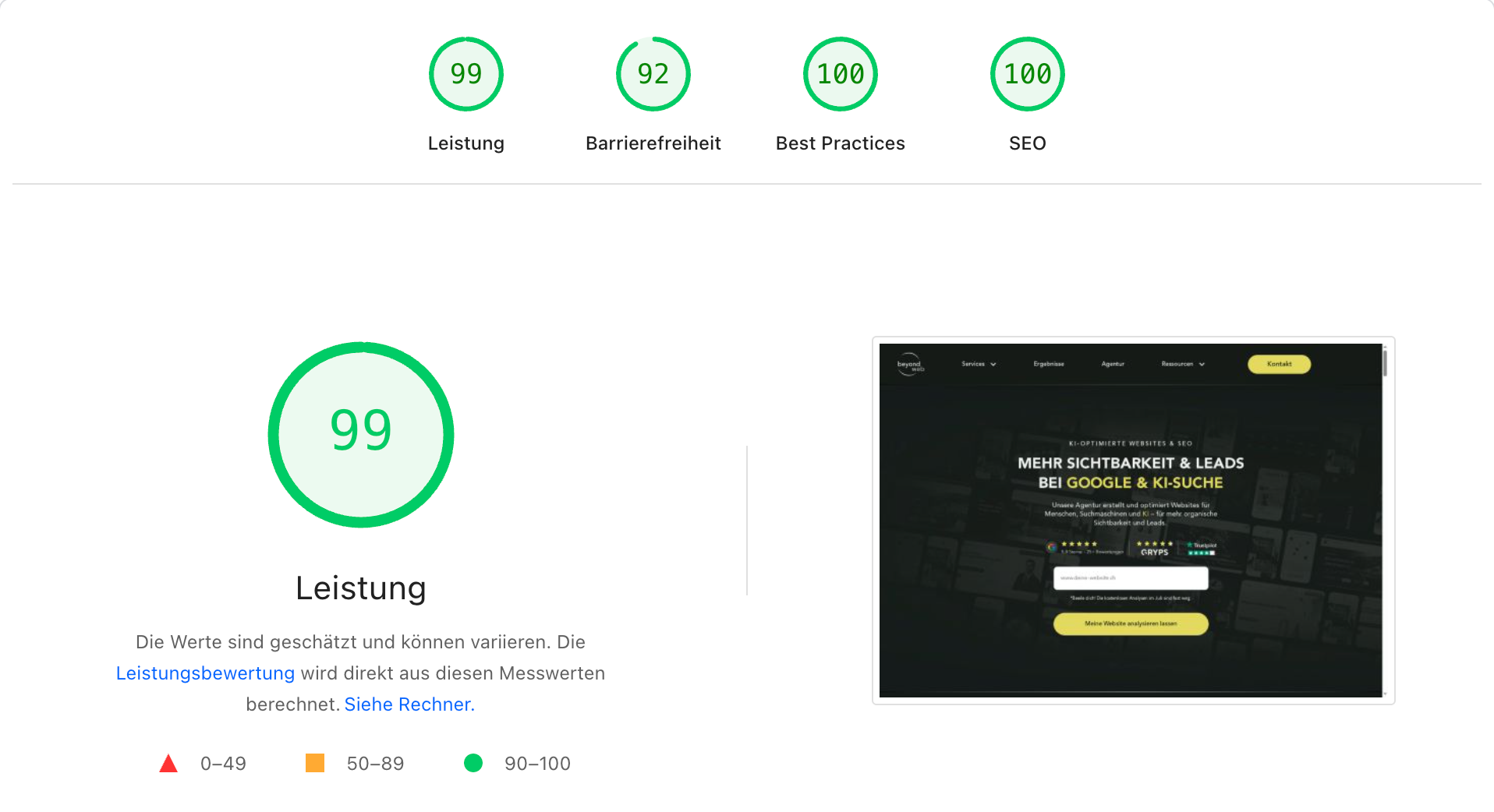 Screenshot mit einem Pagespeed Insights Test von Beyondweb mit eine Pagespeed Score von 99
