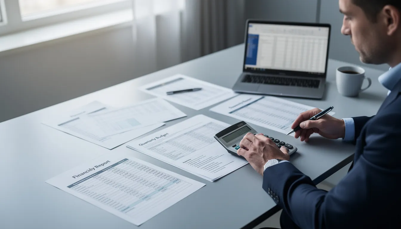 A person is seated at a table, carefully reviewing financial documents while using a calculator to perform back pay calculations related to their social security disability benefits. The scene highlights the importance of understanding monthly benefit amounts and the implications of the five-month waiting period for disability recipients.