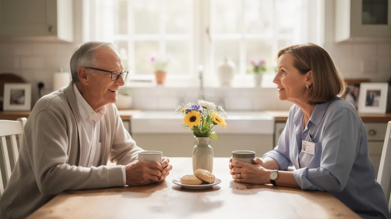 An elderly man and his caregiver sit together at a kitchen table, enjoying coffee and a warm conversation in a bright home, symbolizing the companionship and support provided through family caregiver support programs for older adults. This scene highlights the importance of informal caregivers in enhancing the quality of life for their loved ones.