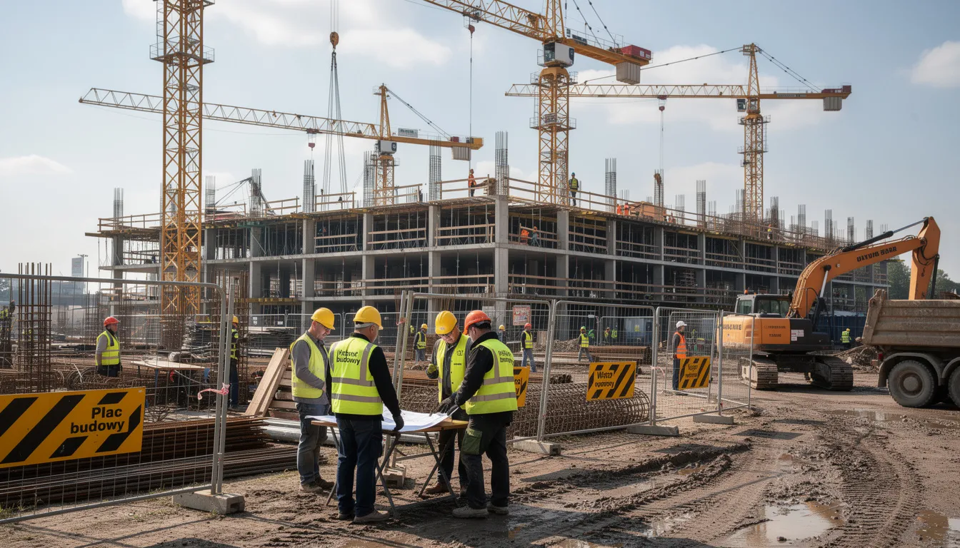 Na placu budowy widać dźwigi oraz robotników w kaskach, którzy pracują nad różnymi zadaniami. Scena ukazuje intensywne działania budowlane, które mogą być wspierane przez usługi faktoringowe, zapewniające płynność finansową dla przedsiębiorców.