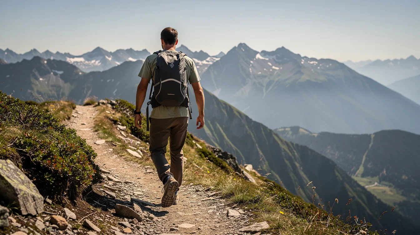 A hiker is navigating a mountain trail while carrying a lightweight packable backpack, featuring comfortable shoulder straps and a sternum strap, against a stunning mountain backdrop. The backpack is designed for day trips, offering ample storage in its main compartment, water bottle pockets, and extra features for staying organized during daily adventures.