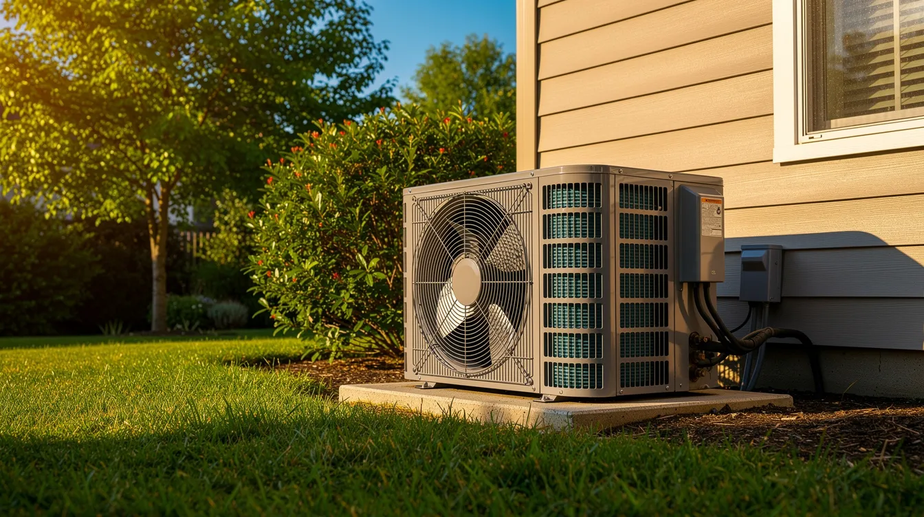 The image depicts a residential air conditioning unit positioned outside a home, surrounded by lush green trees and basking in bright summer sunlight. This scene highlights the importance of maintaining a comfortable indoor environment during the hot months, which can be essential for homeowners looking to optimize their living space.