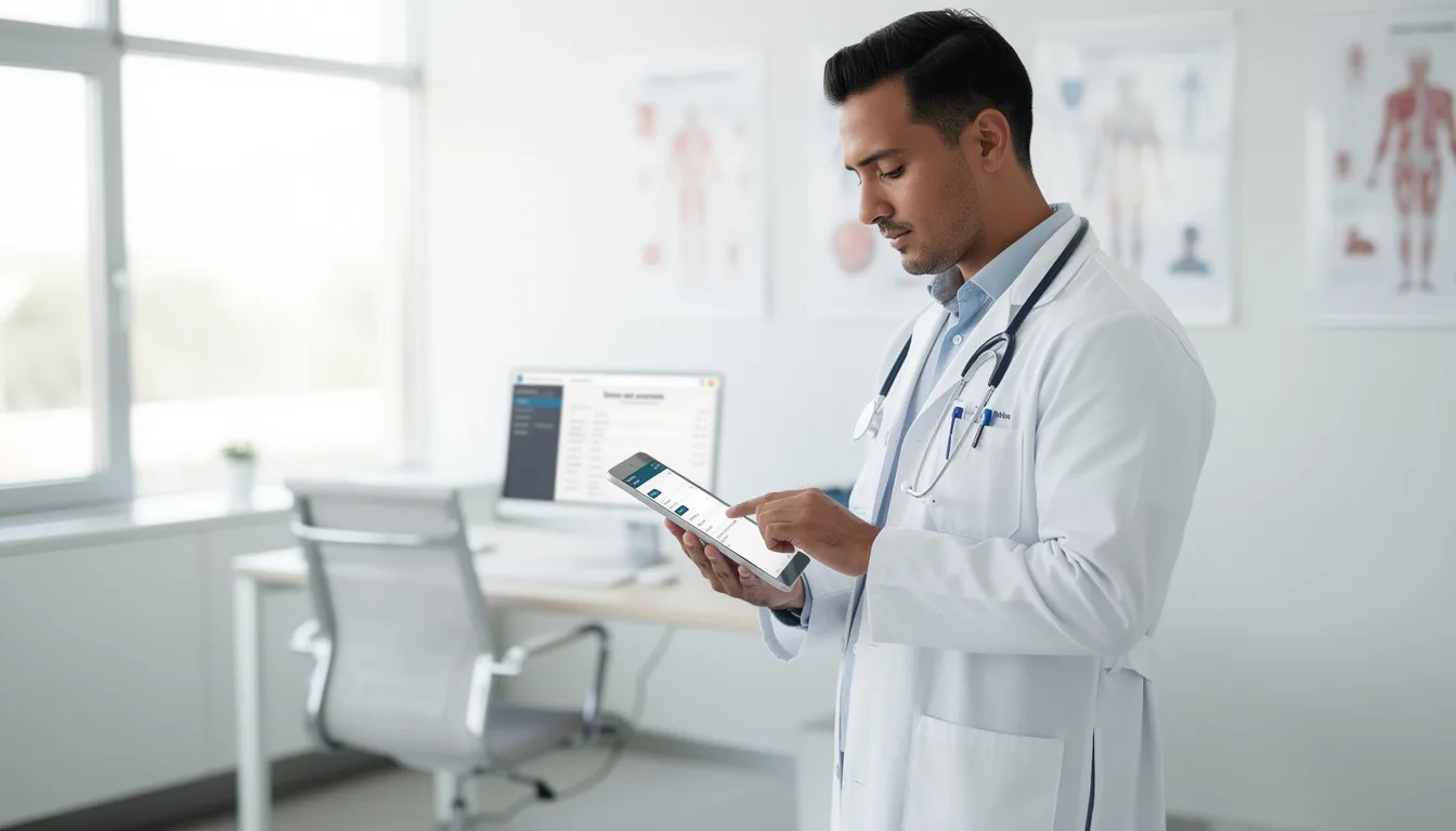 Un médico en un consultorio moderno está revisando información en una tableta digital, utilizando herramientas de inteligencia artificial para mejorar la toma de decisiones en la atención al paciente. La imagen refleja la integración de tecnología en la práctica médica, destacando la importancia de los datos en la consulta y el diagnóstico.